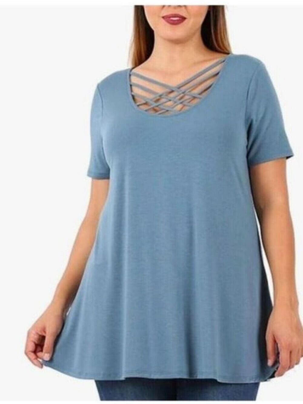 ZENANA Criss-Cross Neckline Short Sleeve Cement Blue Top Tunic Size 2XL NWT